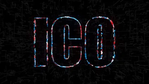 Text ICO Initial coin offering with digital elements, 3d rendering computer 스톡 일러스트