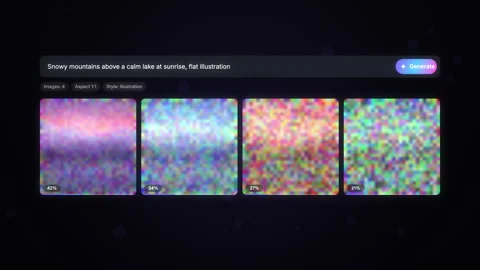 Text-to-image AI generates four flat snowy mountain landscapes from color n.. 스톡 동영상 346919046
