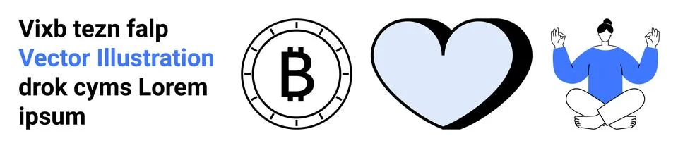 Text includes blue highlighted words. Elements are a Bitcoin symbol, heart sh Stock Illustration