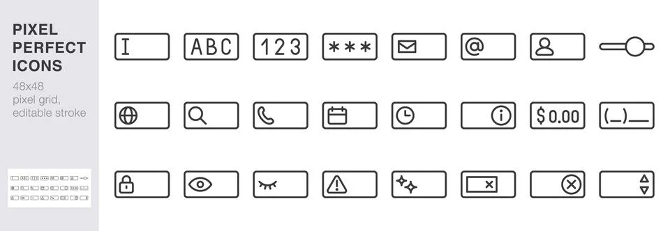 Text input field line icon set. Username, password, email, calendar, and dollar Stock Illustration
