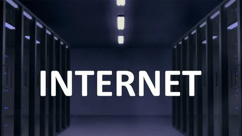 Text Internet at the midpoint with a dark office area on the background Stock-Illustration