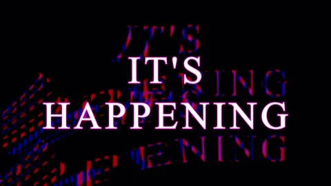 Text 'IT'S HAPPENING' glowing with dynamic light trails in dark abstract moti Stock Footage 344035358