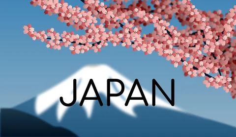 Text Japan on a blurred background of Mount Fuji and Sakura branches. Pink Stock Illustration