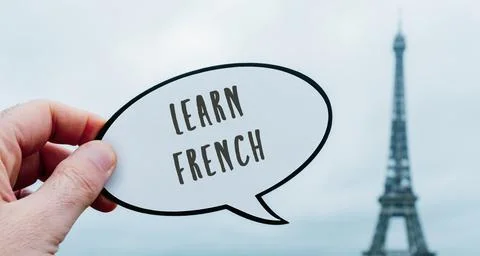 Text learn French, in Paris, web banner Stock Photos