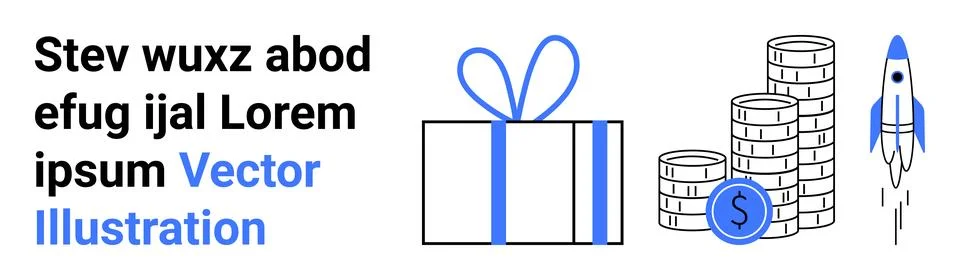 Text on the left beside a gift box, rising coin stacks with a dollar symbol,  库存插图