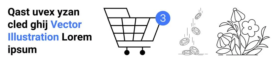 Text on left, shopping cart with notification, coins dropping, blooming flowe Stock Illustration