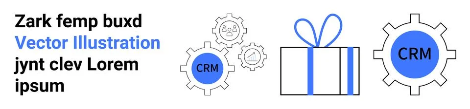 Text on left side with gear elements encircling CRM icon. Gift box with blue  Stock Illustration