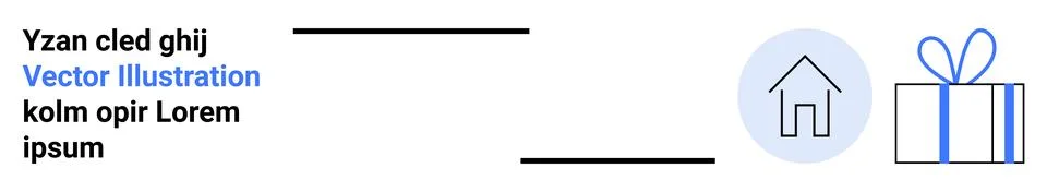 Text with lines above and below, an icon of a house within blue circle and a  Ilustração Stock