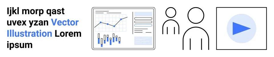Text lines, data dashboard with graphs, two user icons, and a play button sym Illustrazione stock