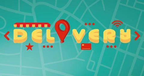 Text with a location pin above an app map Delivery concept art Vector Ilustração Stock