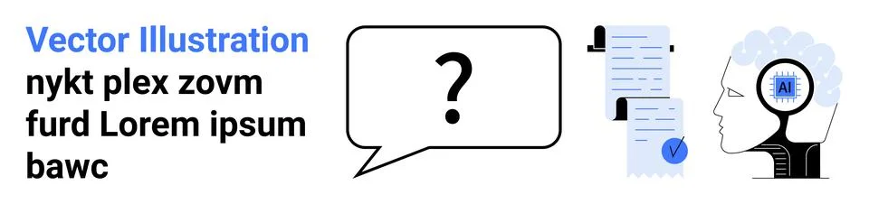 Text Lorem ipsum, question mark in speech bubble, documents and head with AI. Stock Illustration