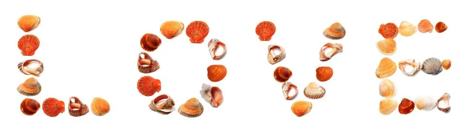Text LOVE composed of seashells Stock Photos