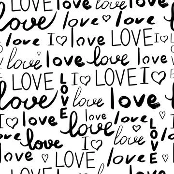 Text love, script cute doodle hand drawn seamless pattern on white background. Stock Illustration