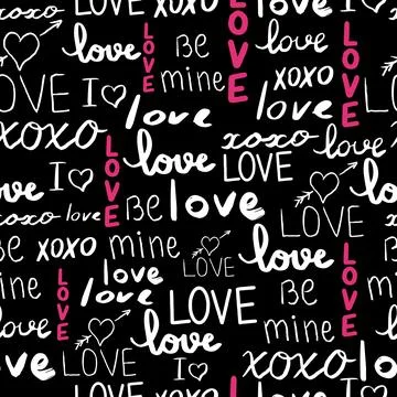 Text love, script cute doodle hand drawn seamless pattern on black background. Stock Illustration