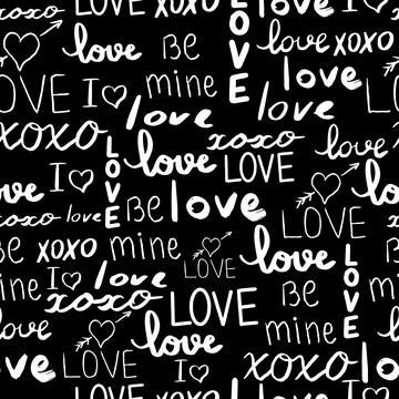 Text love, script cute doodle hand drawn seamless pattern on black background. Stock Illustration