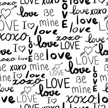 Text love, script cute doodle hand drawn seamless pattern on white background. Stock Illustration