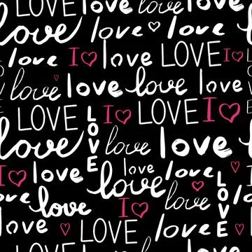 Text love, script cute doodle hand drawn seamless pattern on black background. Stock Illustration