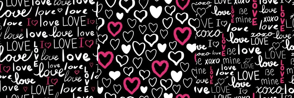 Text love, script cute doodle hand drawn seamless pattern on black background. Stock Illustration