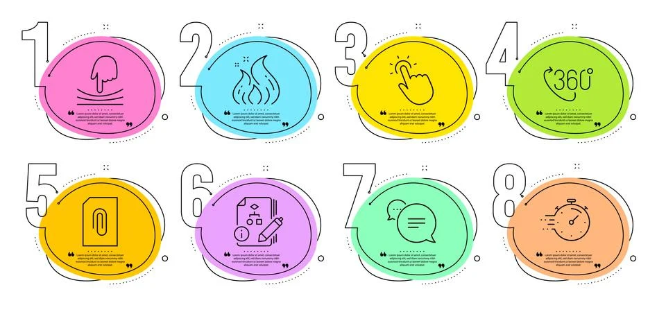 Text message, Attachment and Timer icons set. Elastic, 360 degree and Algorithm Stock Illustration