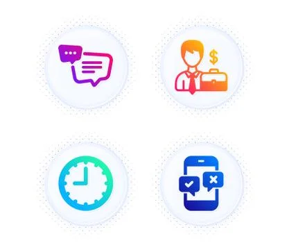 Text message, Businessman case and Time icons set. Phone survey sign. Vector Illustrazione stock