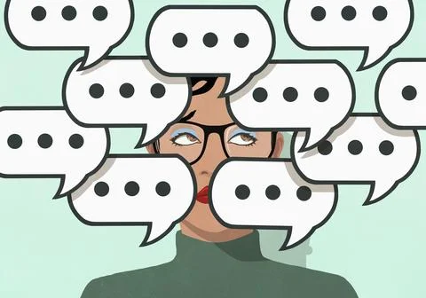 Text message chat speech bubbles covering the face of woman with eyeglasses Ilustración de archivo