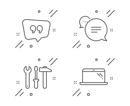 Text message, Quote bubble and Spanner tool icons set. Laptop sign. Vector 스톡 일러스트