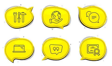 Text message, Quote bubble and Spanner tool icons set. Laptop sign. Vector 스톡 일러스트