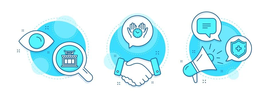 Text message, Shop and Safe time icons set. Medical shield sign. Chat bubble Stock Illustration