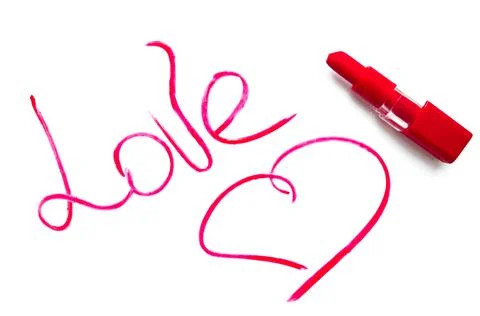 Text message written with red lipstick on white background Stock Photos