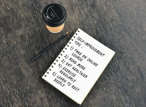 Text on notepad with disposable coffee cup wooden table Stock Photos