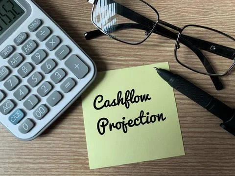 Text on notepad with pen, calculator, glasses and calculator - Cashflow Stock Photos