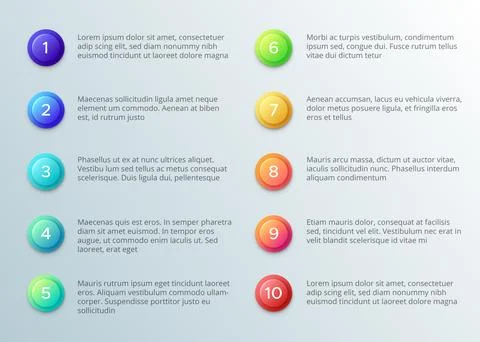 Text with number bullets. Ten pointing paragraph layout with number buttons.. Stock Illustration