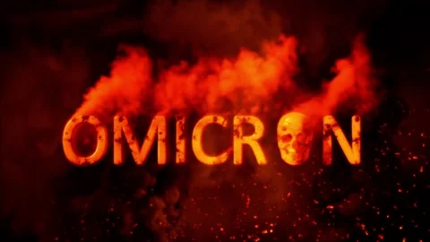 Text omicron with scary human skull on burning background - loop video Stock Footage 202059772