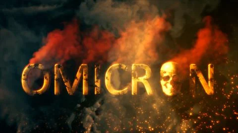 Text omicron with skull burning on dark smoke backdrop - abstract 3D rendering Stock Illustration