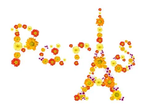 Text paris with eiffel tower from flowers isolated on white 写真素材