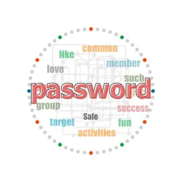 Text password. security concept . Word collage with different association ter Illustrazione stock