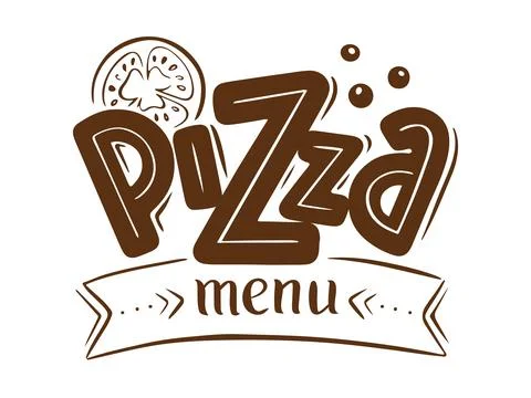 The text is Pizza menu on white isolated background. Stock Illustration
