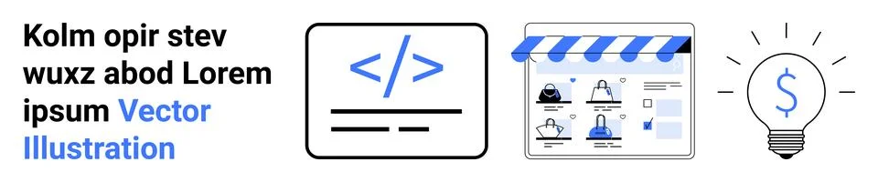 Text placeholder next to coding symbol, online shop with awning and product i Stockillustratie