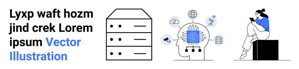 Text placeholder next to server, AI brain analyzing data, and person using ta イラスト素材