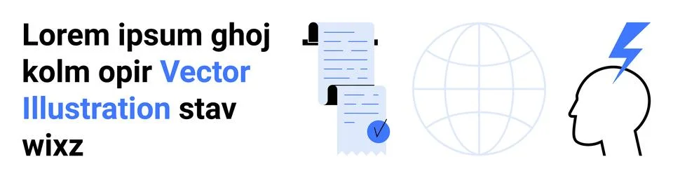 Text placeholder, stack of documents with tick mark, a global network symbol, Illustrazione stock