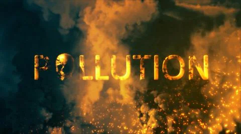 Text pollution with human skull on background with fire flames and smoke Stock Illustration