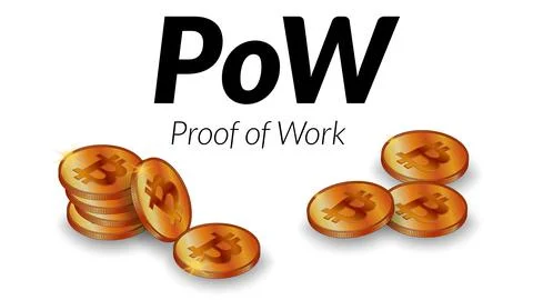 Text PoW Proof of Work with isometric stacks of bitcoin BTC coins with shadows Stock Illustration