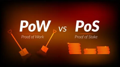 Text PoW Proof of Work vs PoS Proof of Stake with shovels and money stacks Stock Illustration