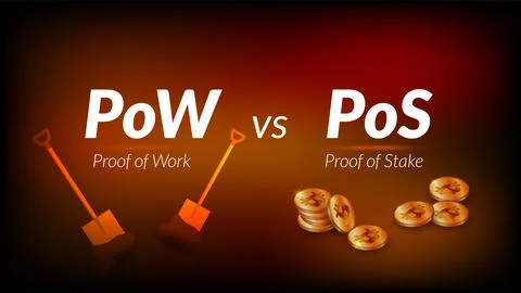 Text PoW Proof of Work vs PoS Proof of Stake with shovels and Bitcoin BTC stacks 库存插图