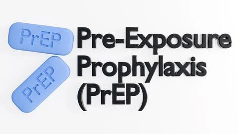 A text "Pre-Exposure Prophylaxis (PrEP)" and scattered oval-shaped pills Stockillustratie