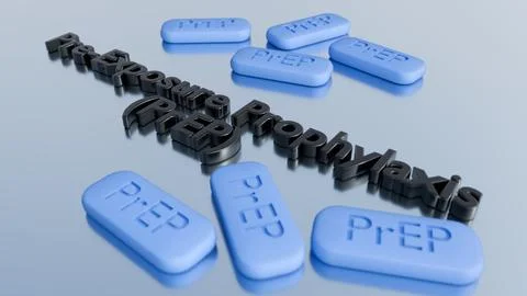 A text "Pre-Exposure Prophylaxis (PrEP)" and scattered oval-shaped pills Illustrazione stock