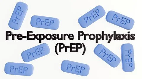 A text "Pre-Exposure Prophylaxis (PrEP)" and scattered oval-shaped pills Stockillustratie