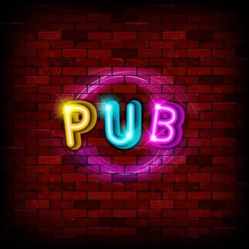 Text PUB in neon text with a brick wall background Stock Illustration
