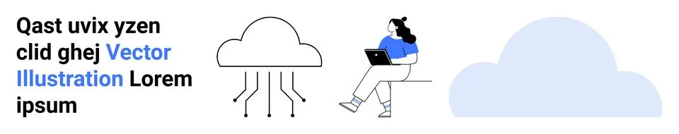 Text with random words, cloud with connectivity lines, person in blue shirt t 스톡 일러스트