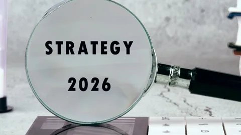 Text reads Strategy 2026 through a magnifying glass. The concept of planning and Stock Footage 318242919